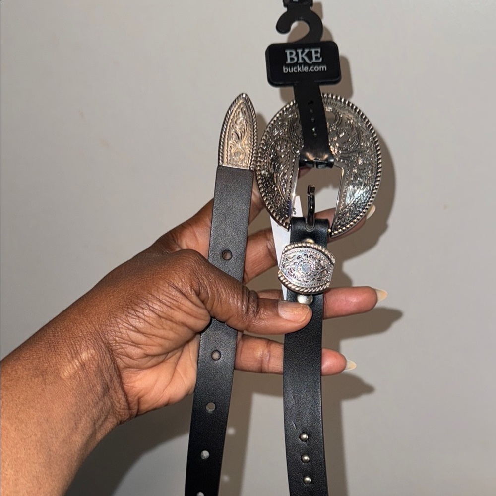 Buckle Black and Silver Leather Belt with Polished Hardware